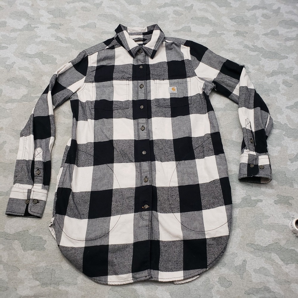 Carhartt Top Womens Small Black Flannel Relaxed Fit Workwear Long Sleeve Button